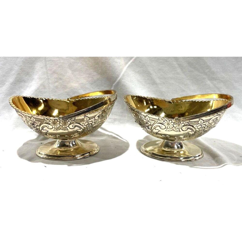 Vintage Corbell & Co Silver-Plated Footed Candy Baskets Gold Wash Navette Bowls